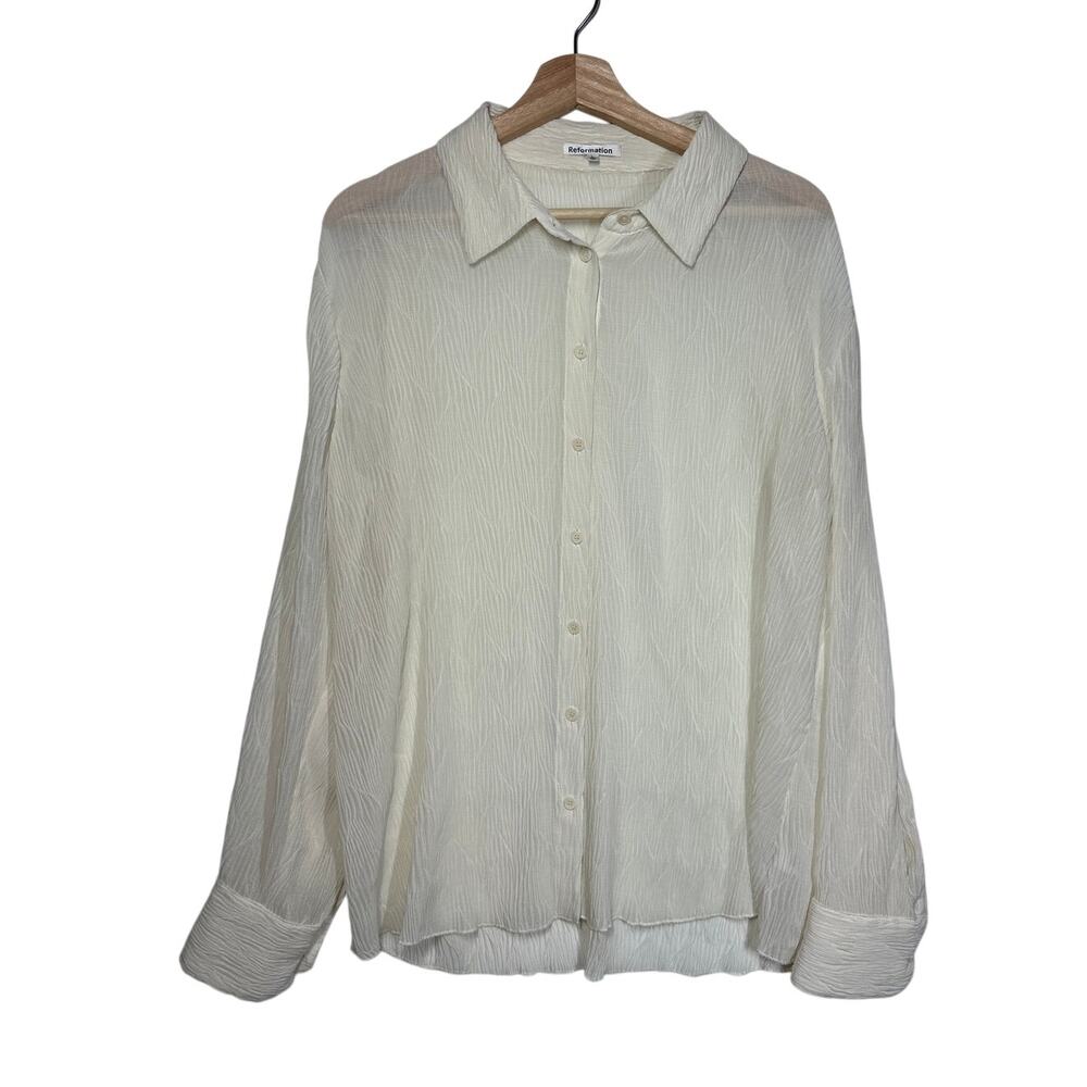 Reformation Cream Deadstock Pleated Button Down Blouse Top Plisse Sz L Ivory